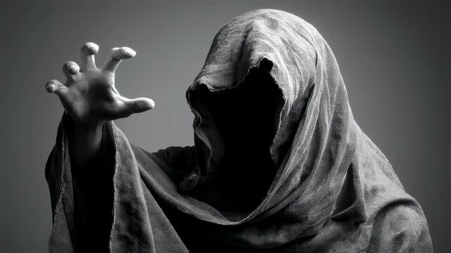 A shrouded figure a withered hand reaching up from within the folds