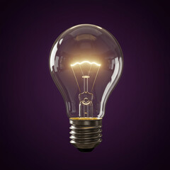 Illuminated light bulb on a dark purple background. Symbol of bright idea, innovation, and solution.