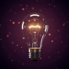 Glowing light bulb with visible filament on a dark background with bokeh lights.