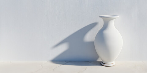 White vase casting a soft shadow indoors with copy space