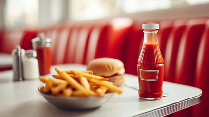 Retro diner experience with fries, burger, and ketchup on classic table setting