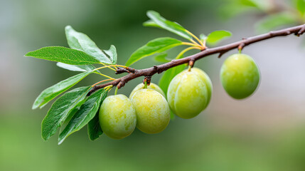 Young green plums on tree branch during springtime for nature and garden design
