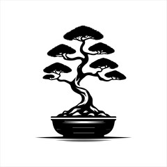Silhouette of a meticulously detailed bonsai tree in a decorative pot.
