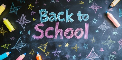 Colorful chalk writing on a blackboard announces back to school season.