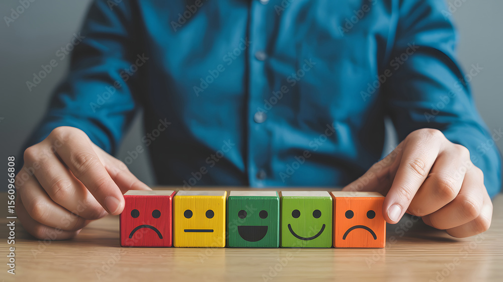 Poster customer feedback concept displays a selection of colorful wooden blocks, each showing a different e
