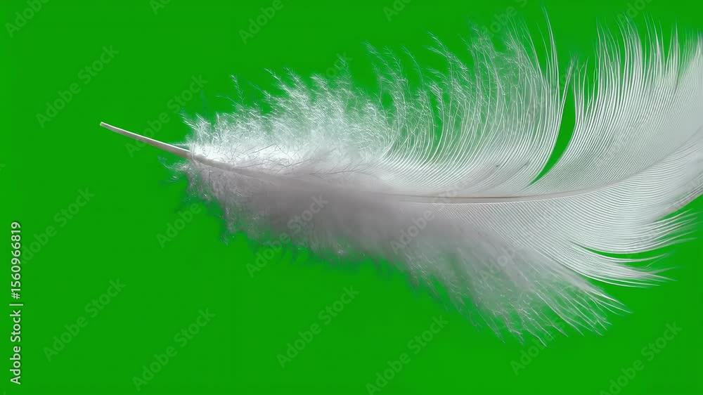 Poster single white feather is slowly rotating while floating on a green screen background, perfect for chr