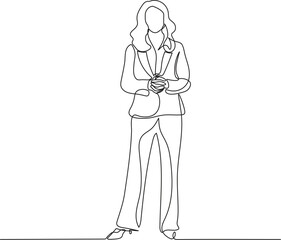 Female executive in continuous line drawing style. Portrait of a business woman standing in black linear sketch isolated on white background. Vector illustration