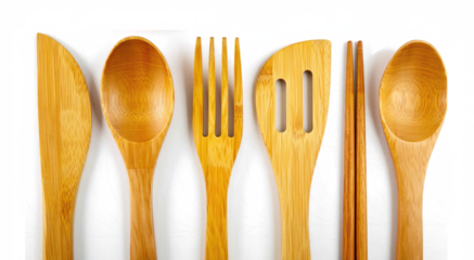 Utensilios de cocina hechos con bambú: cuchara, cuchillo, espátula, tenedor, palillos chinos. Aislados sobre fondo transparente. PNG.