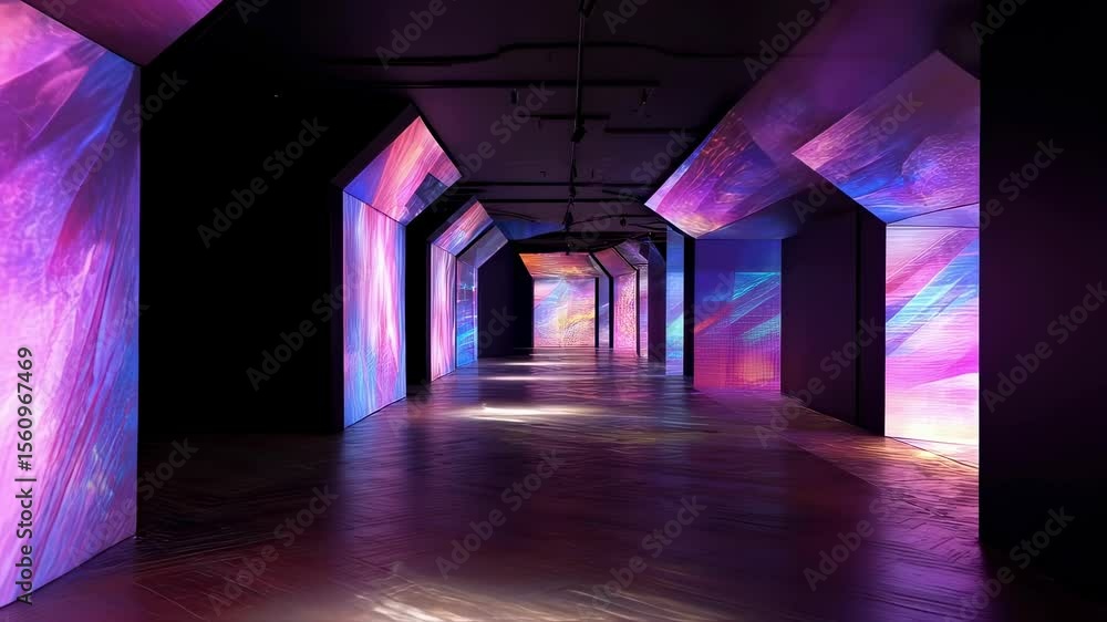 Poster colorful abstract digital art projections illuminate a dark gallery corridor, creating an immersive 