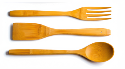 Utensilios de cocina hechos con bambú. Aislados sobre fondo transparente. PNG.