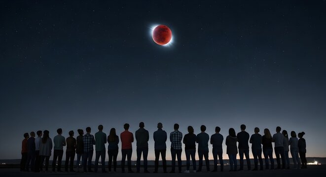 People silhouetted watching blood moon, lunar eclipse, collective observation, celestial event, night sky wonder - Powered by Adobe