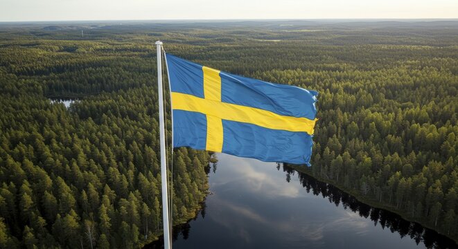 Swedish Flag Waving Over a Vast Forest Landscape
