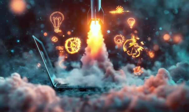 Rocket launching from laptop symbolizing online business startup success, innovation, and growth in digital world