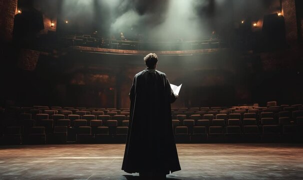 Theater actor wearing a long cape standing on an empty stage rehearsing his lines under dramatic lighting