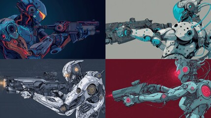 Futuristic robots armed with rifles display a blend of technology and advanced design