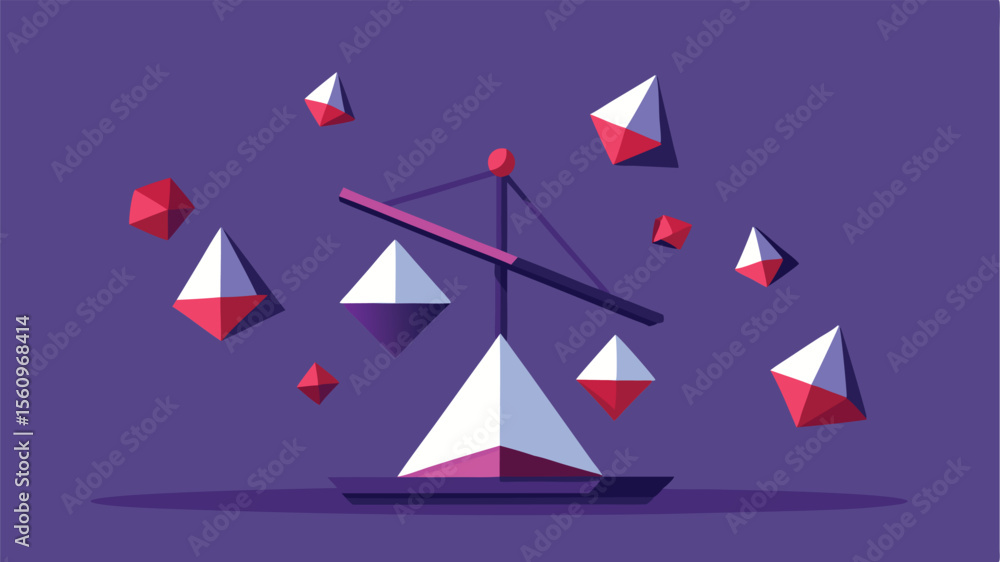 Poster abstract geometric design with floating shapes and minimalist construction on purple background
