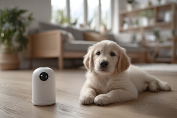 Cylindrical pet monitoring robot with camera lens near adorable golden retriever puppy lying wooden floor cozy living room.