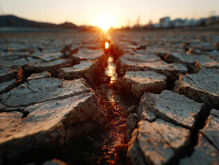 Fototapeta premium Cracked earth during extreme drought with sunlight shining through dry soil cracks creating warm tones.