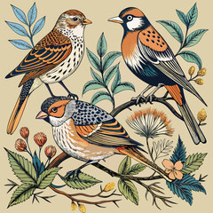 Vintage bird vector art print set