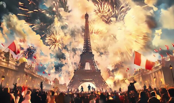 Fireworks exploding over eiffel tower in paris with celebrating crowd and waving flags during bastille day