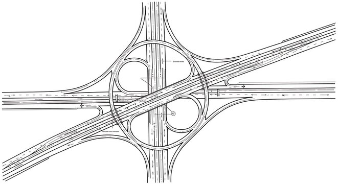 Overhead view of a complex highway interchange with looping ramps and multiple lanes of traffic depicted in black and white lines illustrating road network.