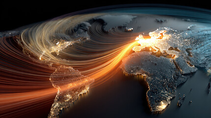 Fast network lines moving across globe map showing illuminated continents and digital connection flow.