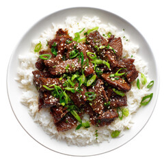  Plate of Teriyaki Beef Rice with Green Onion and Sesame Seeds on Transparent Background