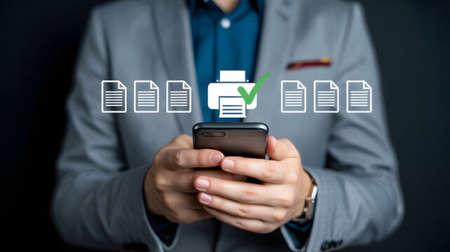 Businessman manages printing jobs wirelessly with his smartphone, showcasing efficiency and document management in the modern office.