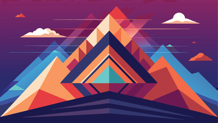 Naklejka premium Abstract geometric mountain landscape illustration with vibrant colors and cloud elements