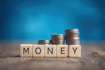Wooden blocks spelling out the word "MONEY" with stacks of coins increasing in size beside them, representing financial growth and wealth accumulation. business concepts.