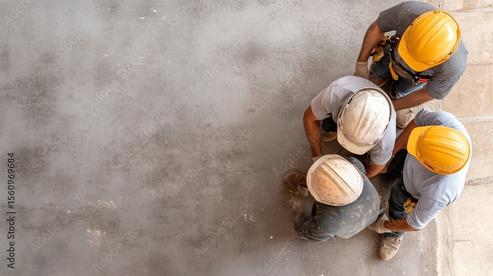 Poster construction workers collaborating on a project in a modern building site during daylight hours