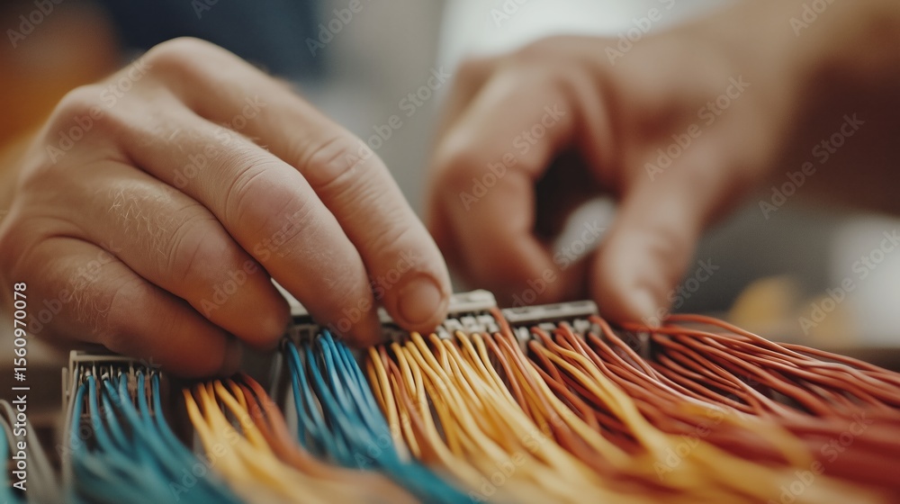 Poster hands handle colorful wires during electrical assembly at a workshop in the afternoon