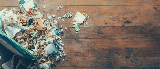 Trash scattered on a wooden floor during cleanup