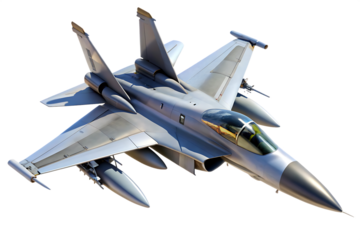 Gray fighter jet plane with missiles and drop tanks viewed from slightly above isolated on a transparent background