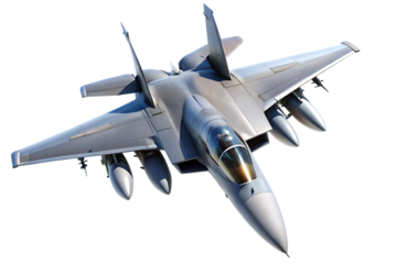 Gray fighter jet with missiles viewed from top front angle isolated on a transparent background airplane