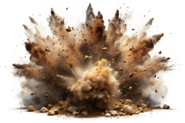 Intense brown dirt and rock explosion with white smoke cloud A I Generated isolated on a transparent background