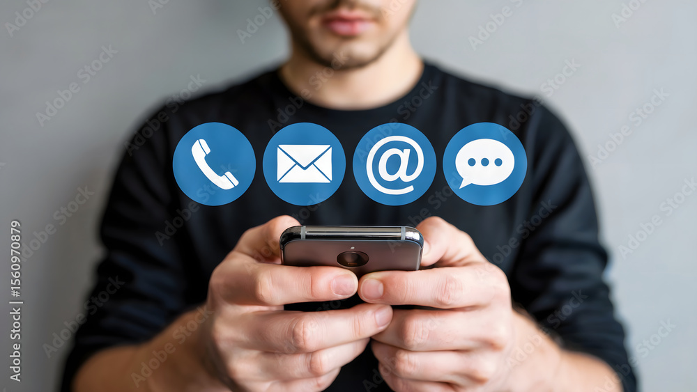 Poster person uses smartphone to connect through phone, email, and messaging applications for communication