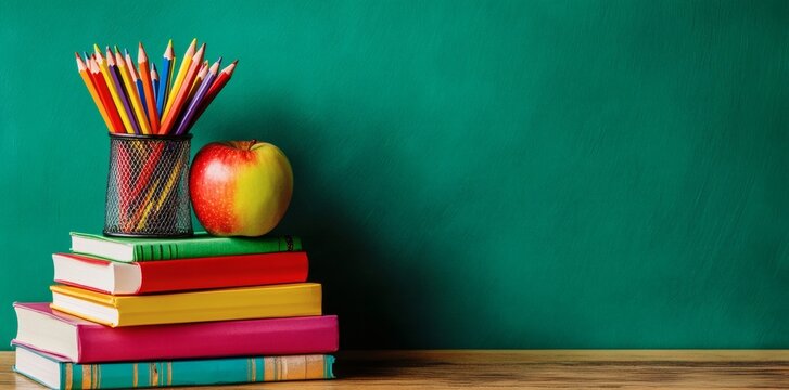 A Stack of Books with a Red Apple and Colored Pencils on a Wooden Desk.