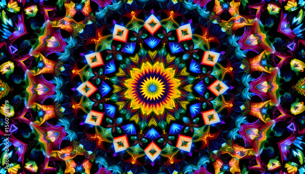 Poster Brightly colored kaleidoscopic pattern with symmetrical shapes and a central star design creating a hypnotic and abstract visual composition