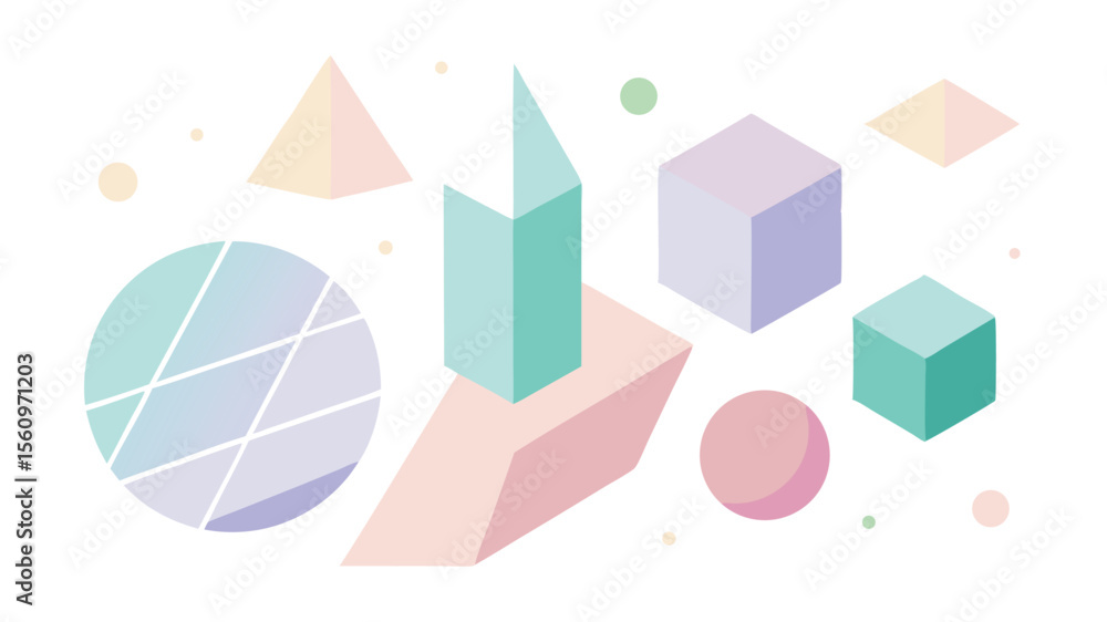 Poster abstract geometric shapes on a white background with subtle color gradients and shadows