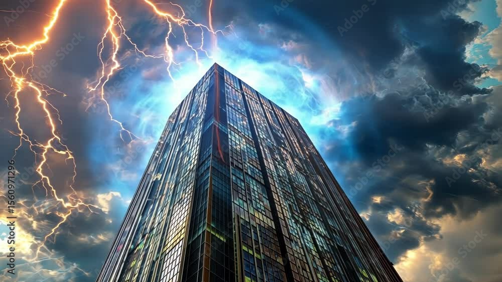 Poster digital clouds of information swirling around a central skyscraper with lightning bolts of restricti