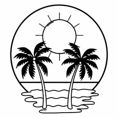 Stylized black and white outline of two palm trees on a beach with the sun and ocean