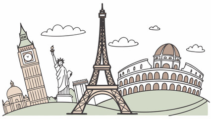 Obraz premium Famous world landmarks illustrated in a whimsical travel collage