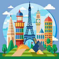 Fototapeta premium Colorful flat design illustration of famous european landmarks in a cityscape