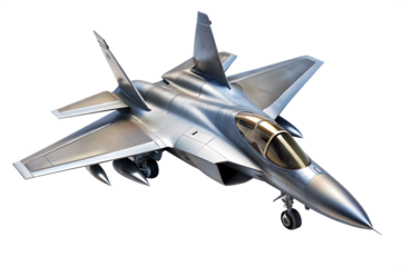 Sleek silver twin engine fighter jet with golden tinted cockpit and landing gear isolated on a transparent background