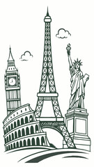 Obraz premium Iconic global landmarks collage featuring eiffel tower statue of liberty big ben colosseum