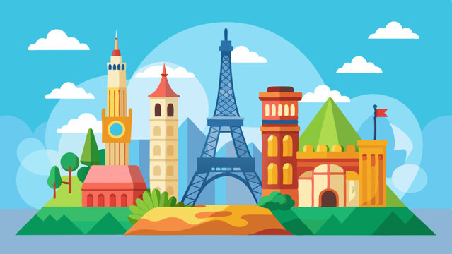 Stylized european cityscape featuring famous landmarks and towers