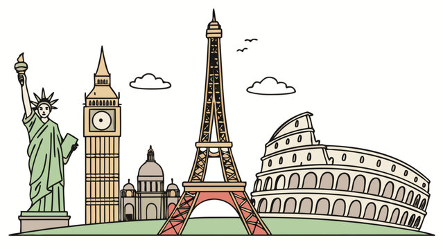 Famous global landmarks collage featuring statue of liberty eiffel tower big ben and colosseum