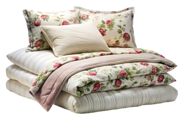 Stack of floral patterned pillows and white quilted blankets with a pink throw isolated on a transparent background