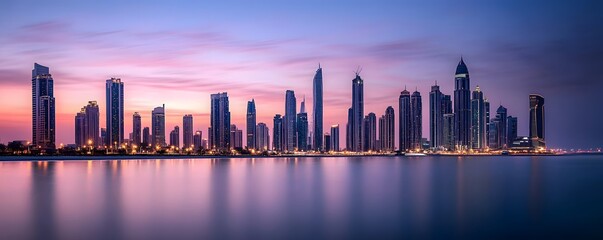Dusk cityscape with skyscrapers glowing softly as the last light fades